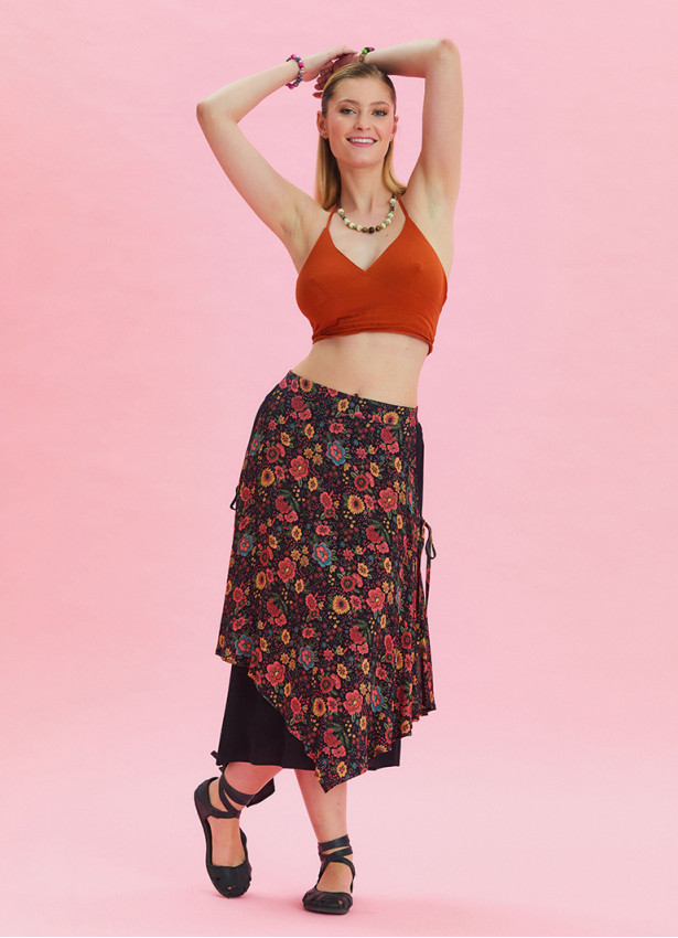 Floral Print Skirt with Elastic Waist and Tie Detail 4523